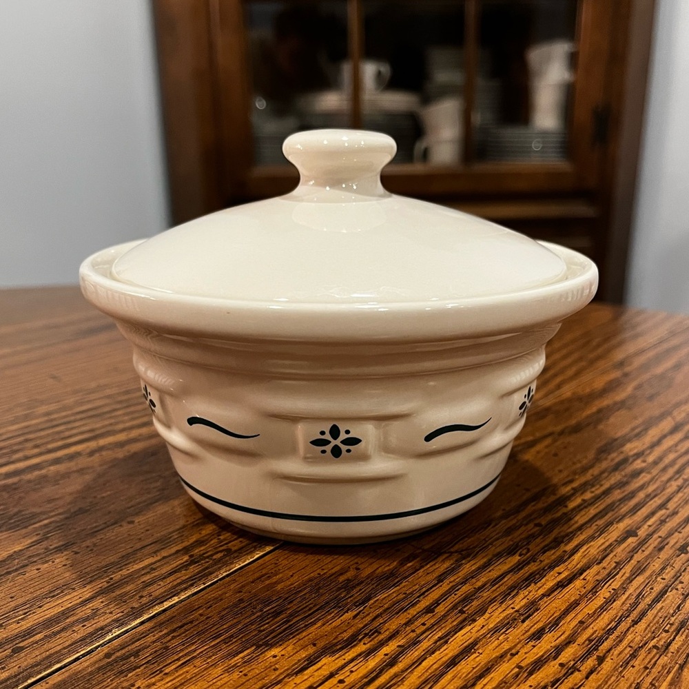 Longaberger Pottery Woven Traditions Green Sugar Bowl- USA Made